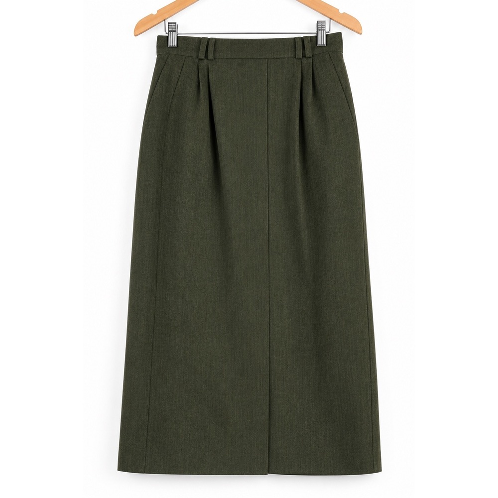 Vintage Olive Green Pleated Midi Skirt High Waisted A-Line with Pockets